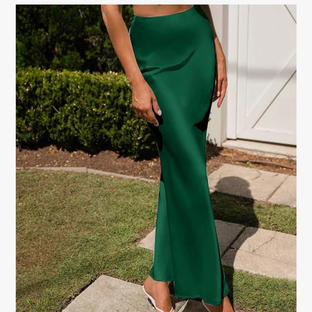 Emerald Green Satin Mermaid Maxi Skirt